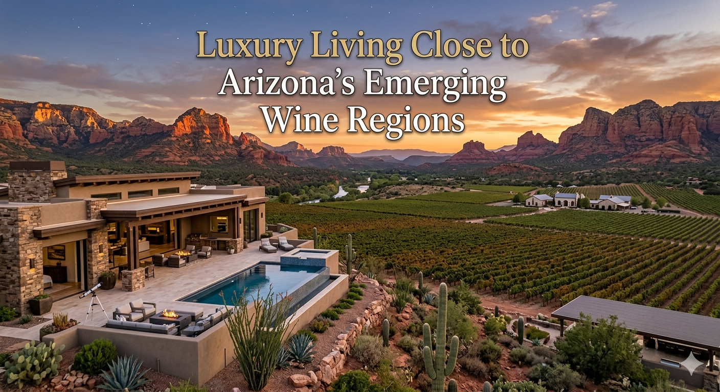  Luxury Arizona home overlooking vineyard rows and desert mountains in Verde Valley wine region, featuring outdoor living space and scenic sunset views, overlaid with the text: “Luxury Living Close to Arizona’s Emerging Wine Regions”