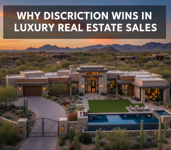 Private gated Arizona luxury home with refined architecture and desert landscaping, overlaid with the text: “WHY DISCRETION WINS IN LUXURY REAL ESTATE SALES”