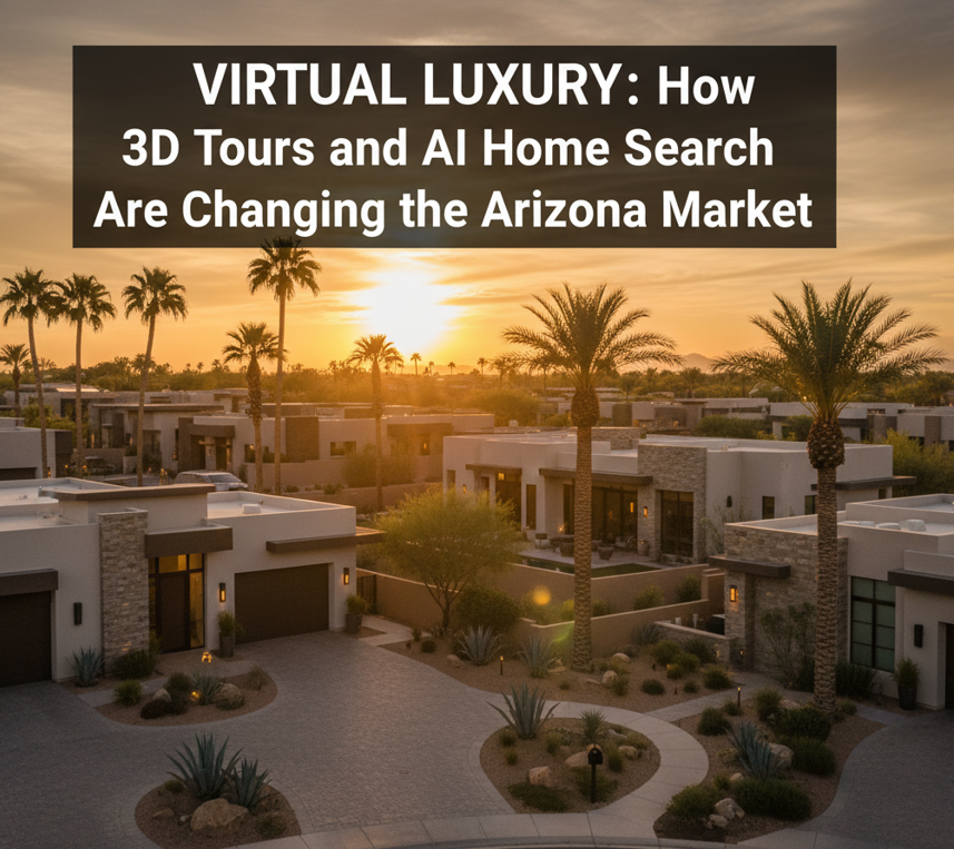 Elegant desert neighborhood at sunset featuring modern luxury homes, palm trees, and a warm golden sky, overlaid with the text:  Virtual Luxury: How 3D Tours and AI Home Search Are Changing the Arizona Market