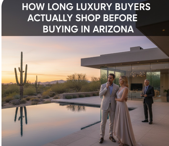 Arizona luxury home at sunset with buyers thoughtfully touring the property overlaid with text: How Long Luxury Buyers Actually Shop Before Buying in Arizona