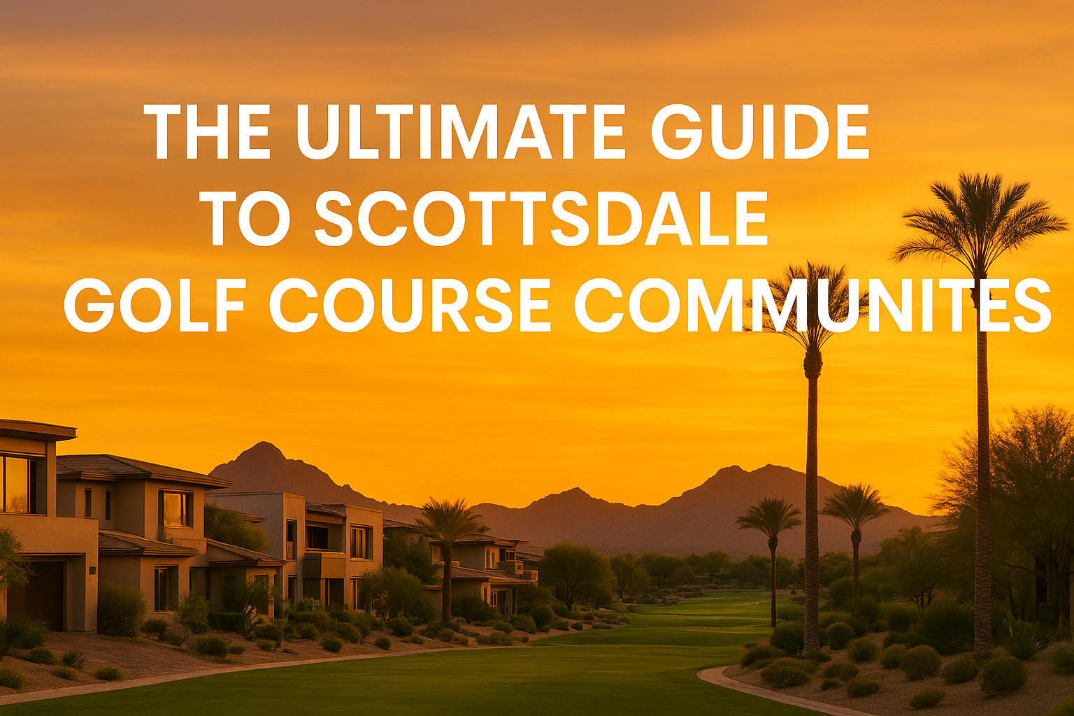 Elegant desert neighborhood at sunset featuring modern luxury homes, palm trees, and a warm golden sky, overlaid with the text: “The Ultimate Guide to Scottsdale Golf Course Communities”