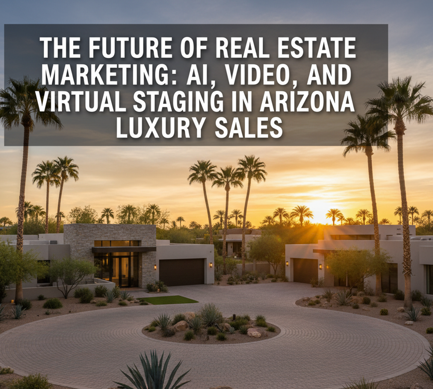 Elegant desert neighborhood at sunset featuring modern luxury homes, palm trees, and a warm golden sky, overlaid with the text: The Future of Real Estate Marketing: AI, Video, and Virtual Staging in Arizona Luxury Sales