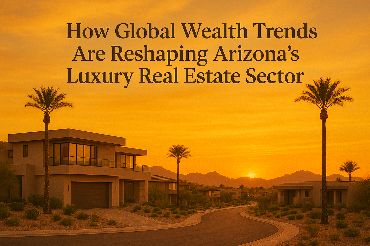 Elegant desert neighborhood at sunset featuring modern luxury homes, palm trees, and a warm golden sky, overlaid with the text: How Global Wealth Trends Are Reshaping Arizona’s Luxury Real Estate Sector