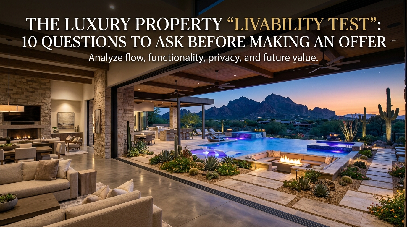 Arizona luxury home interior and outdoor living space overlaid with text:  The Luxury Property “Livability Test”: 10 Questions to Ask Before Making an Offer