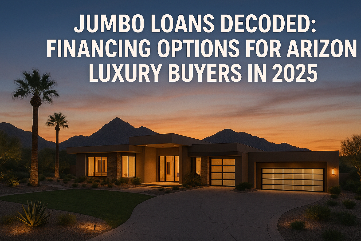Modern luxury Arizona home with mountain views and elegant driveway at dusk overlaid with the text: Jumbo Loans Decoded: Financing Options for Arizona Luxury Buyers in 2025