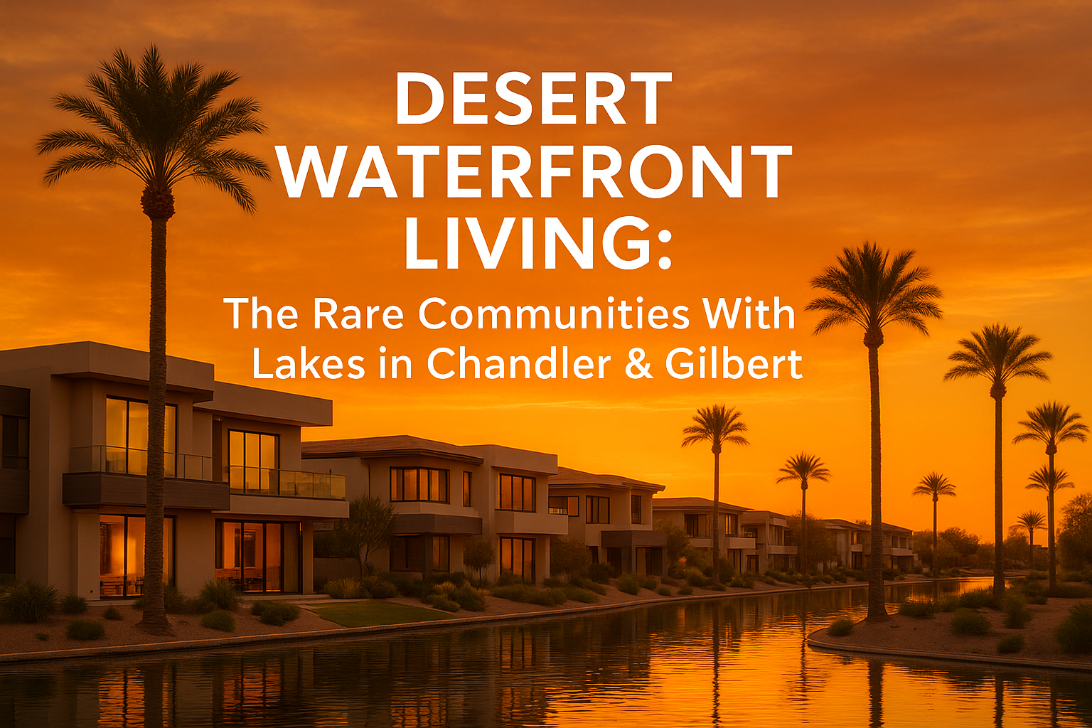 Elegant desert neighborhood at sunset featuring modern luxury homes, palm trees, and a warm golden sky, overlaid with the text: Desert Waterfront Living: The Rare Communities With Lakes in Chandler & Gilbert