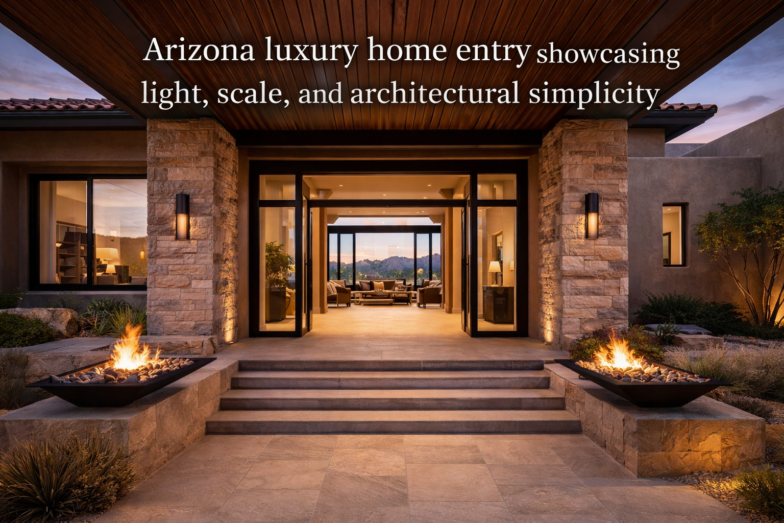 Arizona luxury home entry showcasing light, scale, and architectural simplicity overlaid with the text: Arizona luxury home entry showcasing light, scale, and architectural simplicity