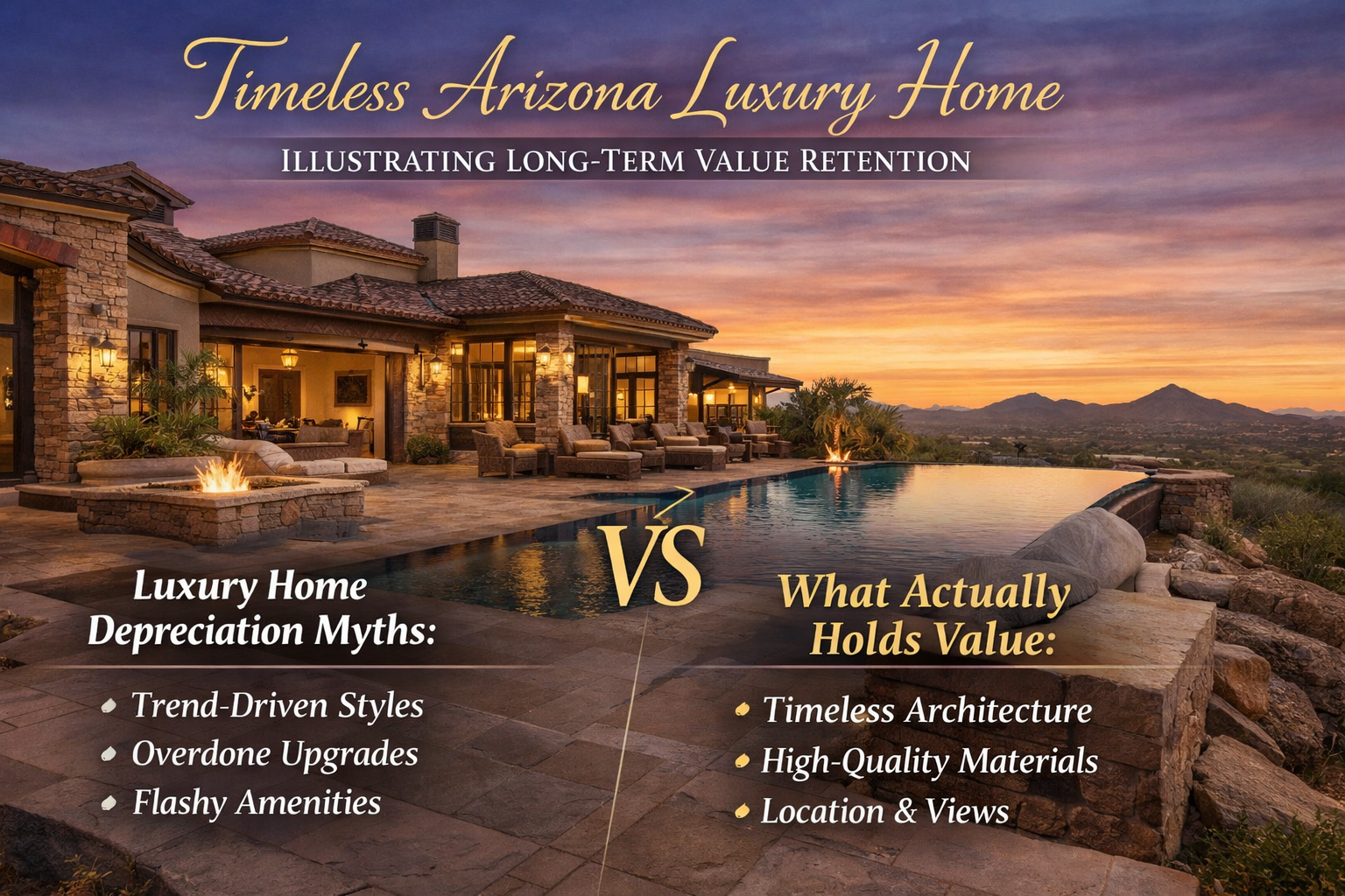Timeless Arizona luxury home illustrating long-term value retention overlaid with Luxury Home Depreciation Myths—and What Actually Holds Value