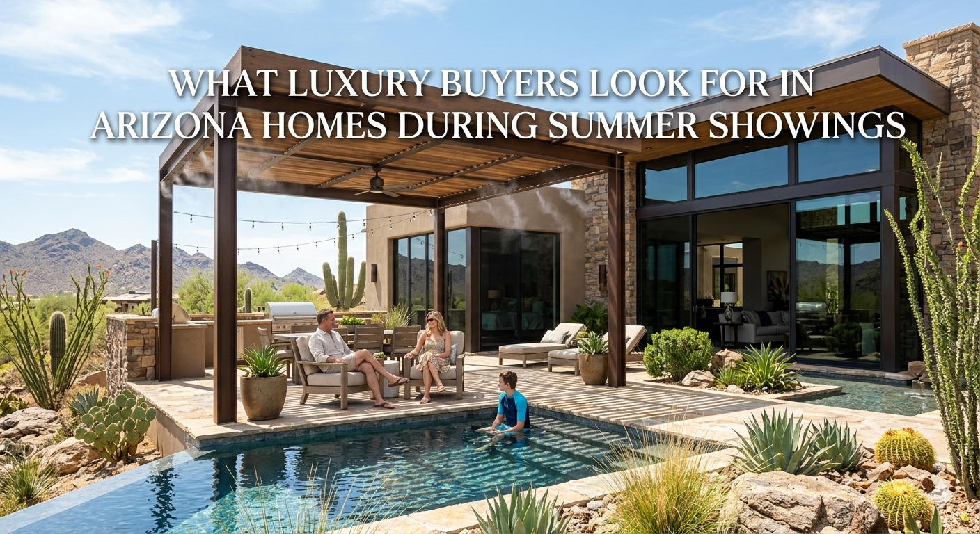 Modern Arizona luxury home during summer showing with shaded patio, infinity pool, desert landscaping, and bright sunlight, emphasizing heat-resilient design and outdoor livability, overlaid with the text: “What Luxury Buyers Look for in Arizona Homes During Summer Showings”