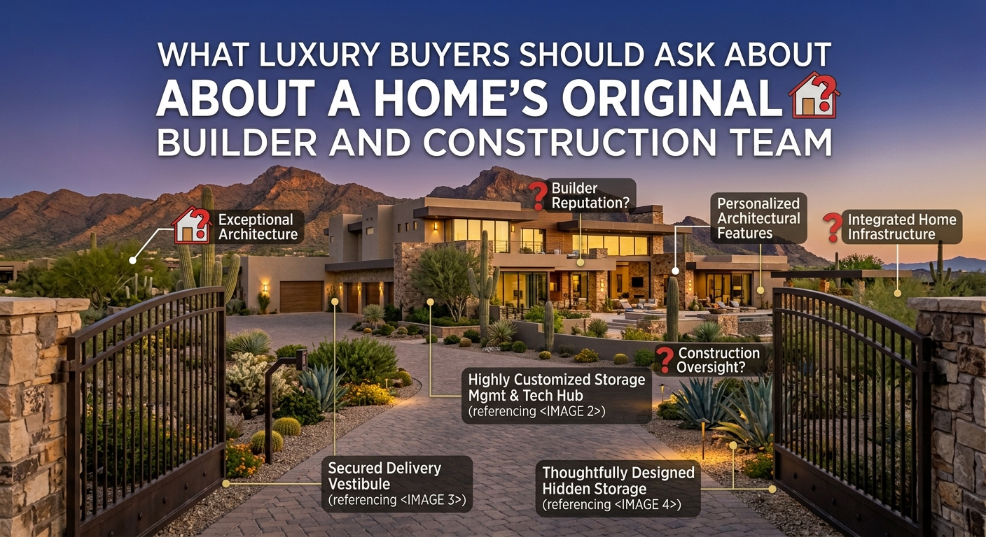 Custom Arizona luxury estate showcasing exceptional architecture and craftsmanship, overlaid with text: What Luxury Buyers Should Ask About a Home’s Original Builder and Construction Team
