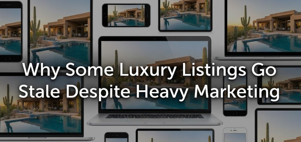 Arizona luxury home oversaturated across digital platforms, fading in buyer attention Overlaid i with text in Why Some Luxury Listings Go Stale Despite Heavy Marketing