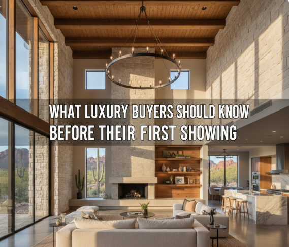 Arizona luxury home interior with high ceilings, natural light, and upscale finishes, overlaid with the text: “WHAT LUXURY BUYERS SHOULD KNOW BEFORE THEIR FIRST SHOWING”