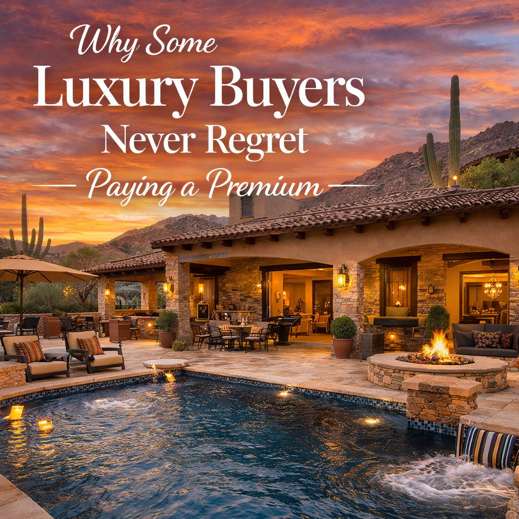 Luxury Arizona home representing high-value features that justify premium pricing overlaid with text: Why Some Luxury Buyers Never Regret Paying a Premium