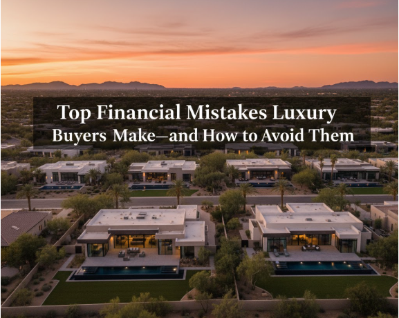 Elegant desert neighborhood at sunset featuring modern luxury homes, palm trees, and a warm golden sky, overlaid with the text: Top Financial Mistakes Luxury Buyers Make—and How to Avoid Them