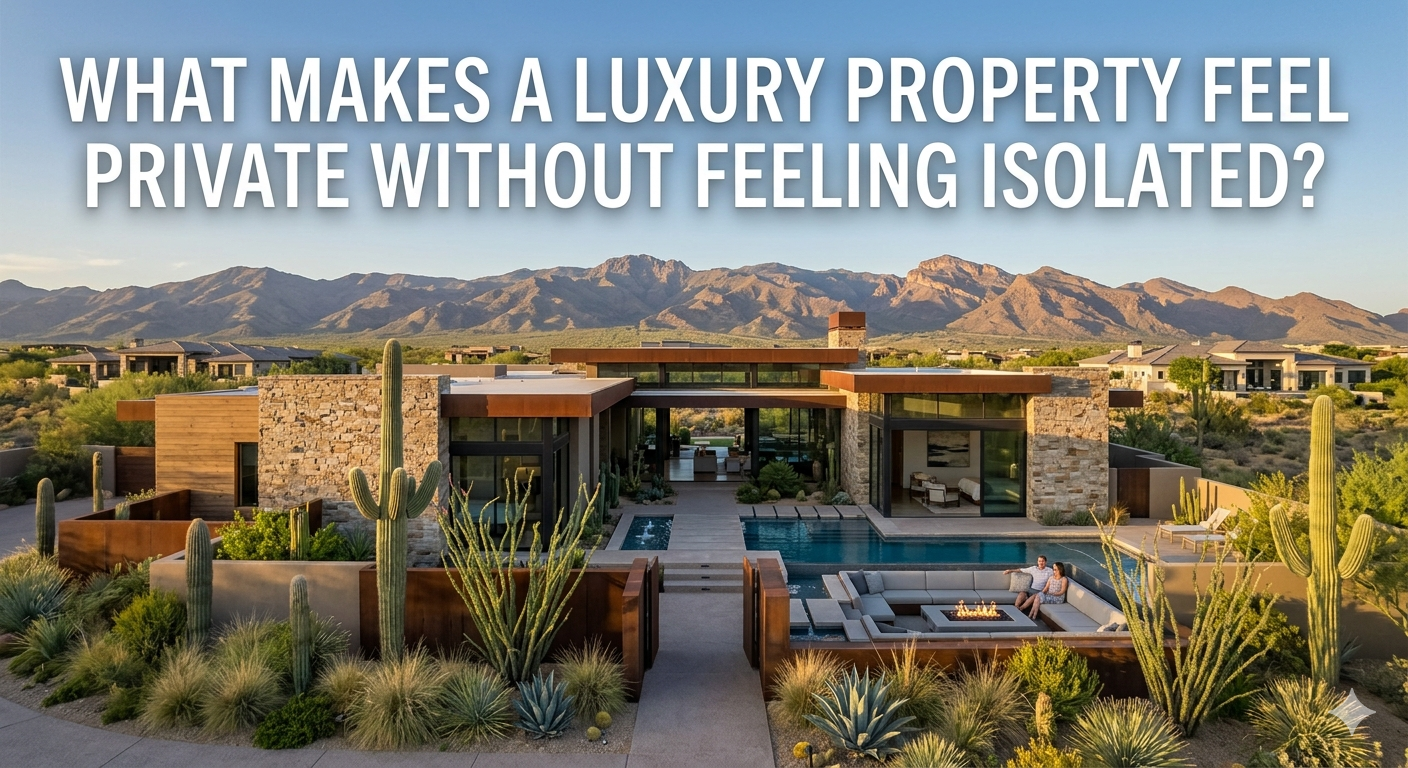 Luxury Arizona home with modern desert architecture, private courtyard, layered landscaping, and mountain views, showing a balance between seclusion and connection within a luxury community, overlaid with the text: “What Makes a Luxury Property Feel Private Without Feeling Isolated?”