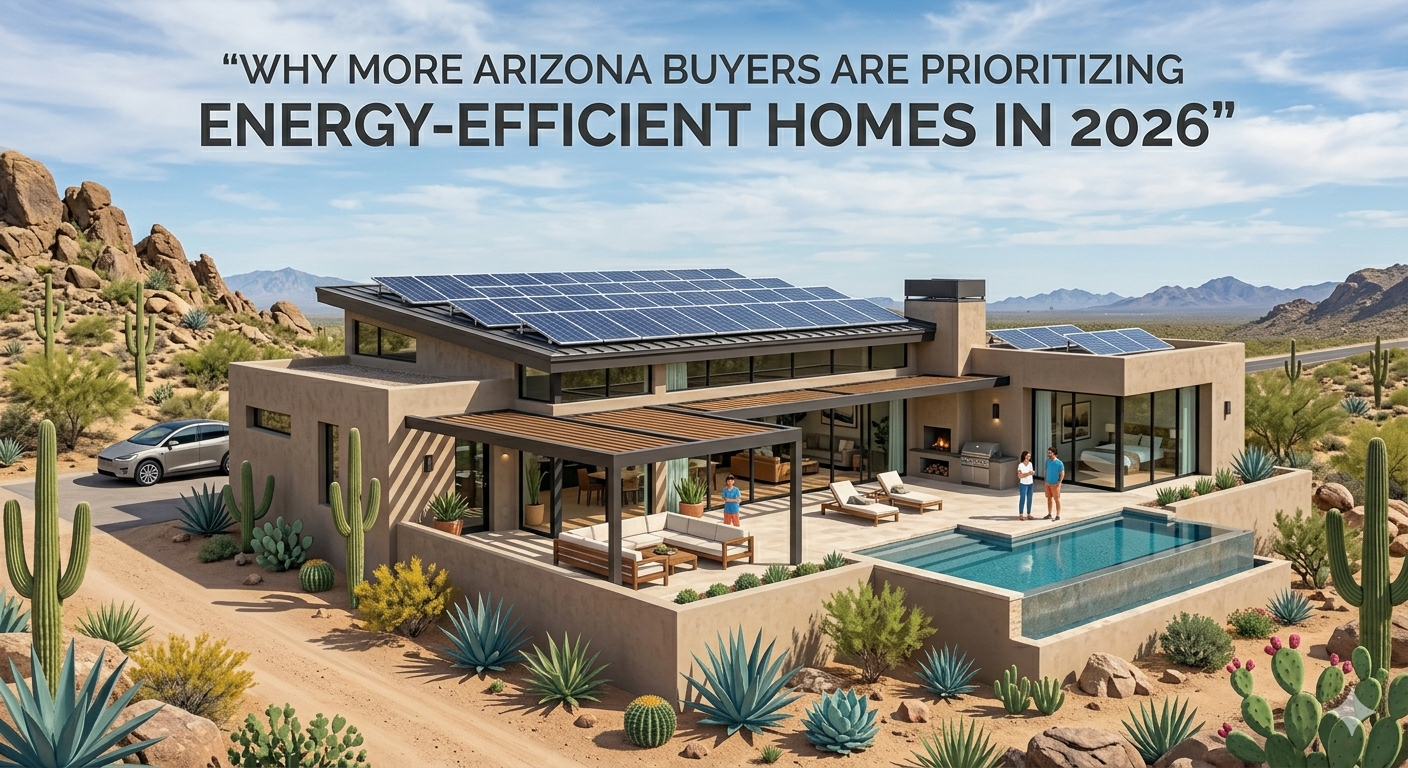 Modern Scottsdale luxury home with rooftop solar panels, shaded outdoor spaces, and desert landscaping, representing energy-efficient design in Arizona, overlaid with the text: “Why More Arizona Buyers Are Prioritizing Energy-Efficient Homes in 2026”