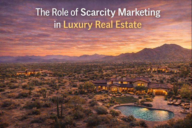 Limited collection of Arizona luxury homes highlighted against vast desert landscape overlaid text in The Role of Scarcity Marketing in Luxury Real Estate