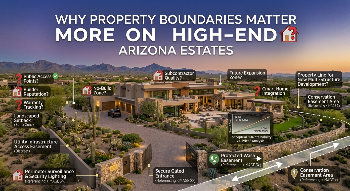  Expansive Arizona luxury estate with landscaped grounds, privacy walls, driveway, and desert surroundings illustrating the importance of property boundaries overlaid with text: Why Property Boundaries Matter More on High-End Arizona Estates