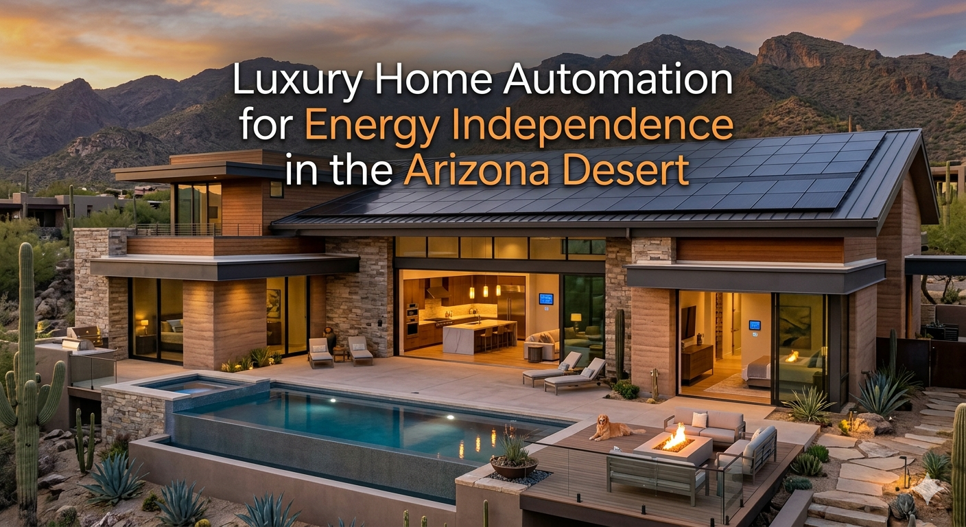 Modern Arizona luxury home featuring rooftop solar panels, smart automation systems, energy-efficient desert architecture, and seamless indoor-outdoor living, overlaid with the text: “Luxury Home Automation for Energy Independence in the Arizona Desert”