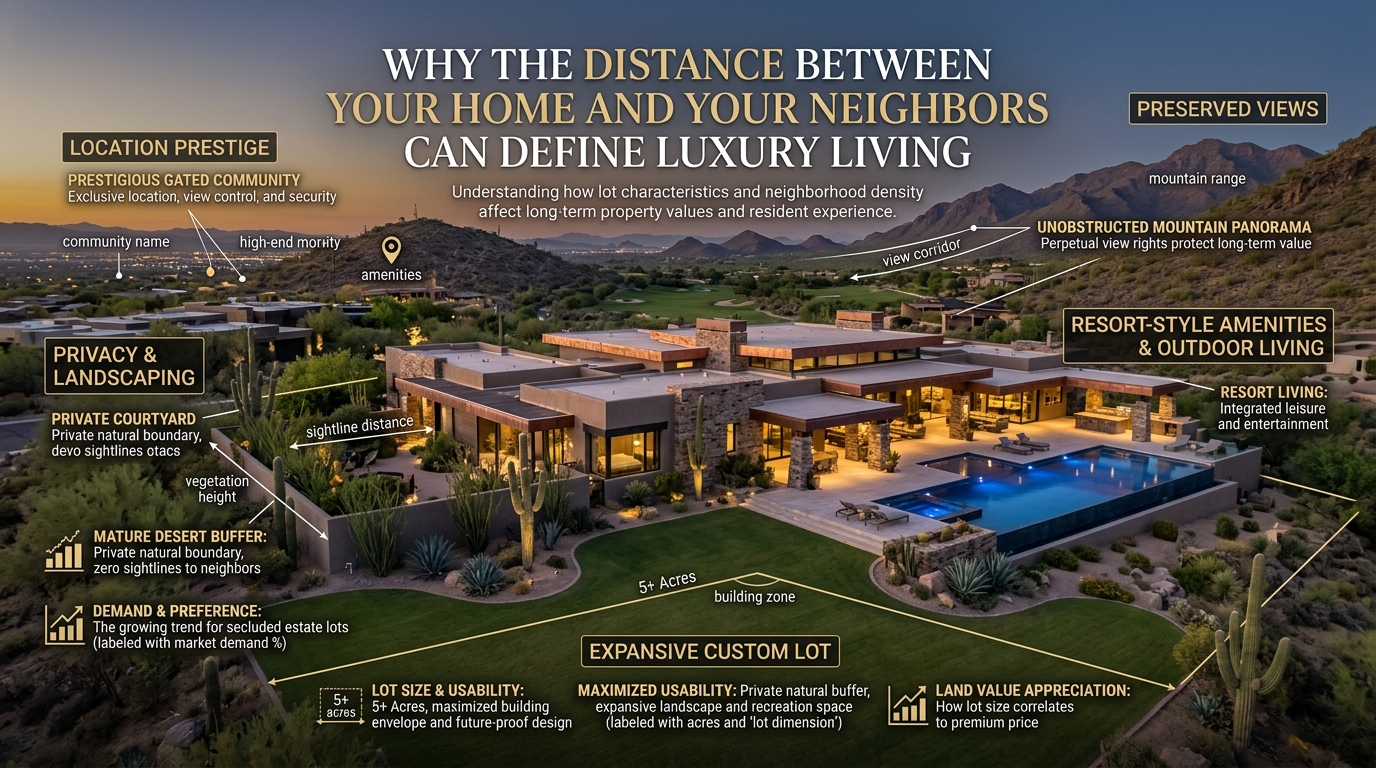 Arizona luxury home situated on a spacious lot with significant distance from neighboring residences, surrounded by mature desert landscaping, natural stone walls, mountain views, and a private resort-style backyard overlaid with text: Why the Distance Between Your Home and Your Neighbors Can Define Luxury Living 