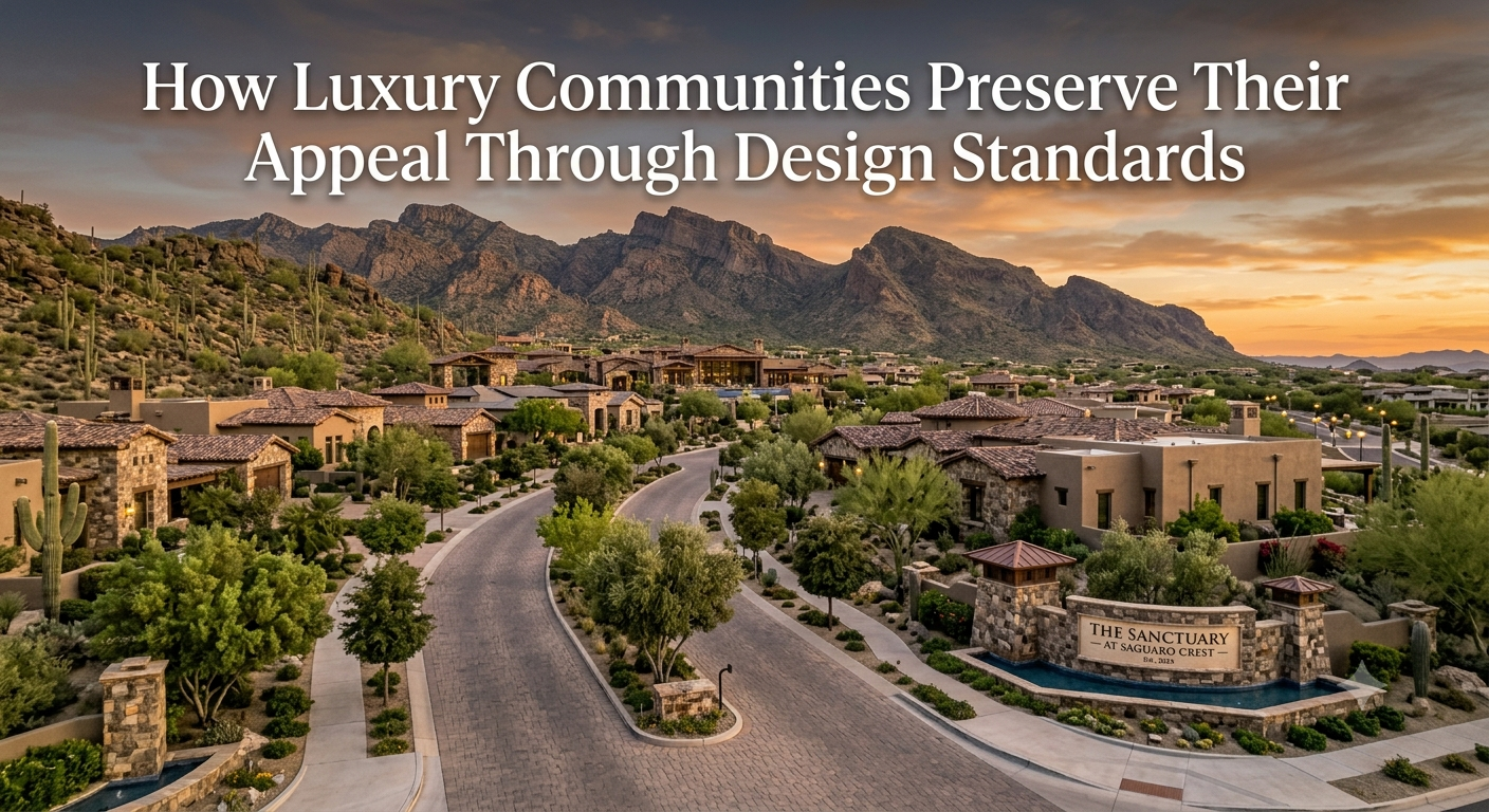 Elegant Arizona luxury community featuring architecturally consistent custom homes, manicured desert landscaping, wide tree-lined streets, upscale entry monument, and cohesive neighborhood design, illustrating how design standards preserve luxury home values and community appeal, overlaid with the text: “How Luxury Communities Preserve Their Appeal Through Design Standards” 