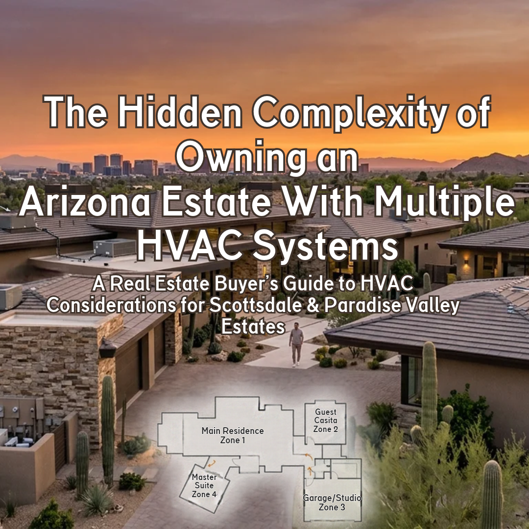 Arizona luxury estate featuring a spacious modern residence with multiple climate-controlled living areas, illustrating important HVAC considerations for buyers evaluating large luxury homes in Scottsdale and Paradise Valley. overlaid with text: The Hidden Complexity of Owning an Arizona Estate With Multiple HVAC Systems 