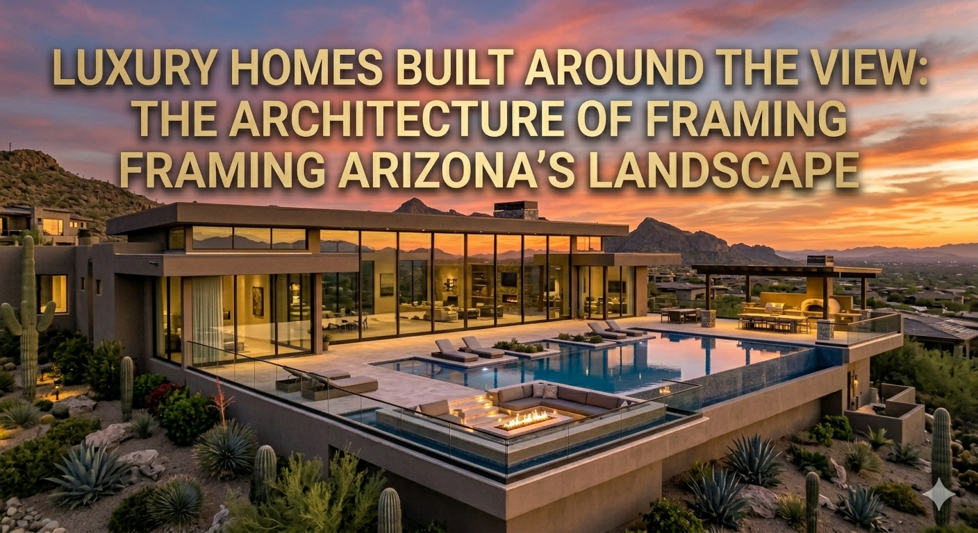 Luxury Arizona hillside home with floor-to-ceiling glass walls framing mountain and desert sunset views, infinity pool overlooking valley landscape, and modern architecture designed to highlight panoramic scenery, overlaid with the text: “Luxury Homes Built Around the View: The Architecture of Framing Arizona’s Landscape” 