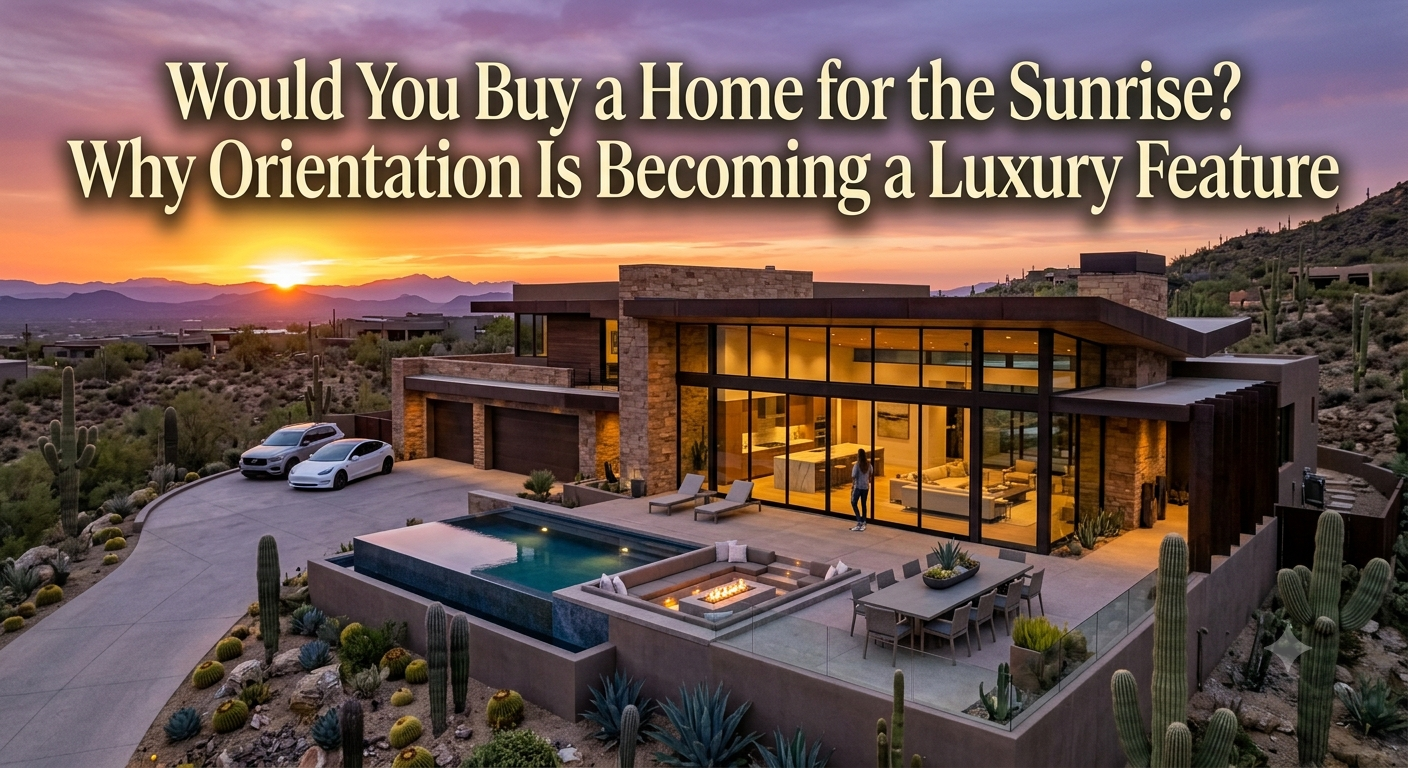Modern Arizona luxury home positioned to capture a vibrant desert sunrise, featuring floor-to-ceiling windows, expansive outdoor patio, mountain views, and thoughtfully oriented architecture that maximizes natural light and energy efficiency, overlaid with the text: “Would You Buy a Home for the Sunrise? Why Orientation Is Becoming a Luxury Feature”
