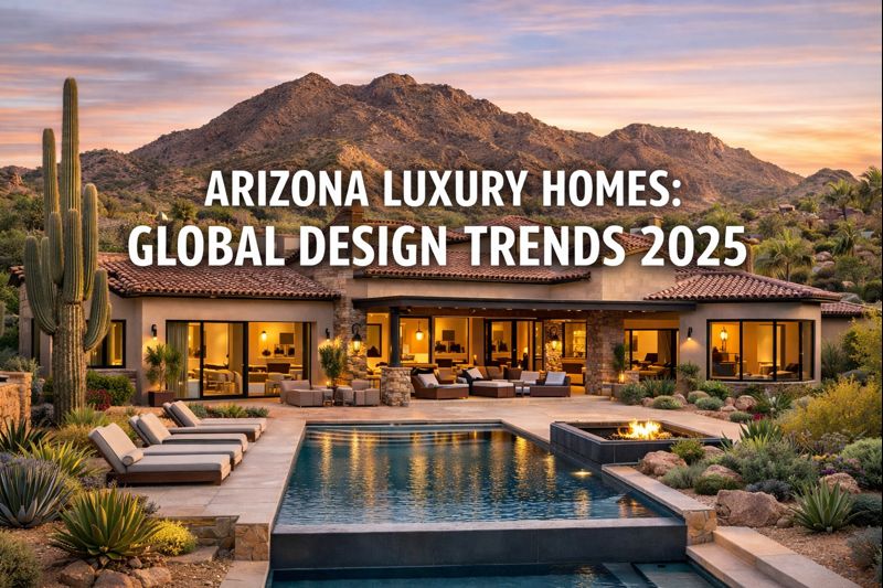 Luxury Arizona home blending Mediterranean and contemporary architecture, overlaid with the text: “ARIZONA LUXURY HOMES: GLOBAL DESIGN TRENDS 2025”