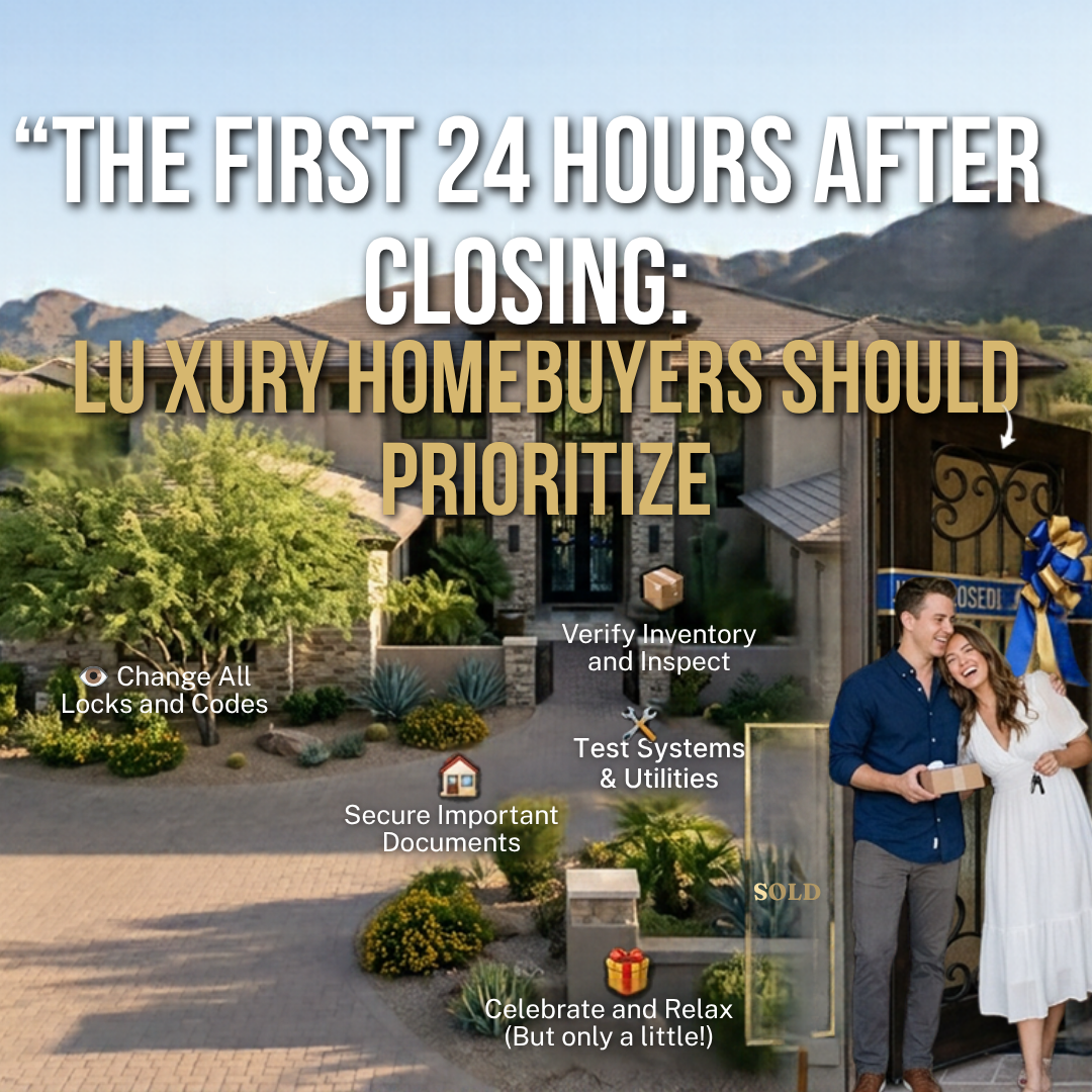 Arizona luxury estate in Scottsdale featuring elegant architecture, a landscaped entrance, and a welcoming front door, illustrating the first 24 hours of luxury homeownership after closing overlaid with text: The First 24 Hours After Closing: What Luxury Homebuyers Should Prioritize