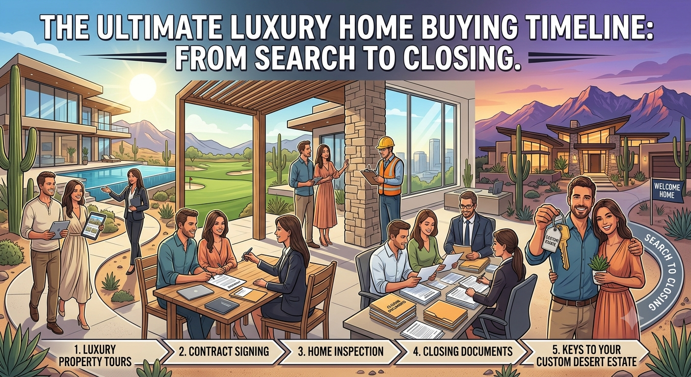 Arizona luxury home buying journey illustrated with a timeline featuring luxury property tours, contract signing, home inspection, closing documents, and keys to a custom desert estate, symbolizing the complete process from search to closing, overlaid with the text: “The Ultimate Luxury Home Buying Timeline: From Search to Closing.”