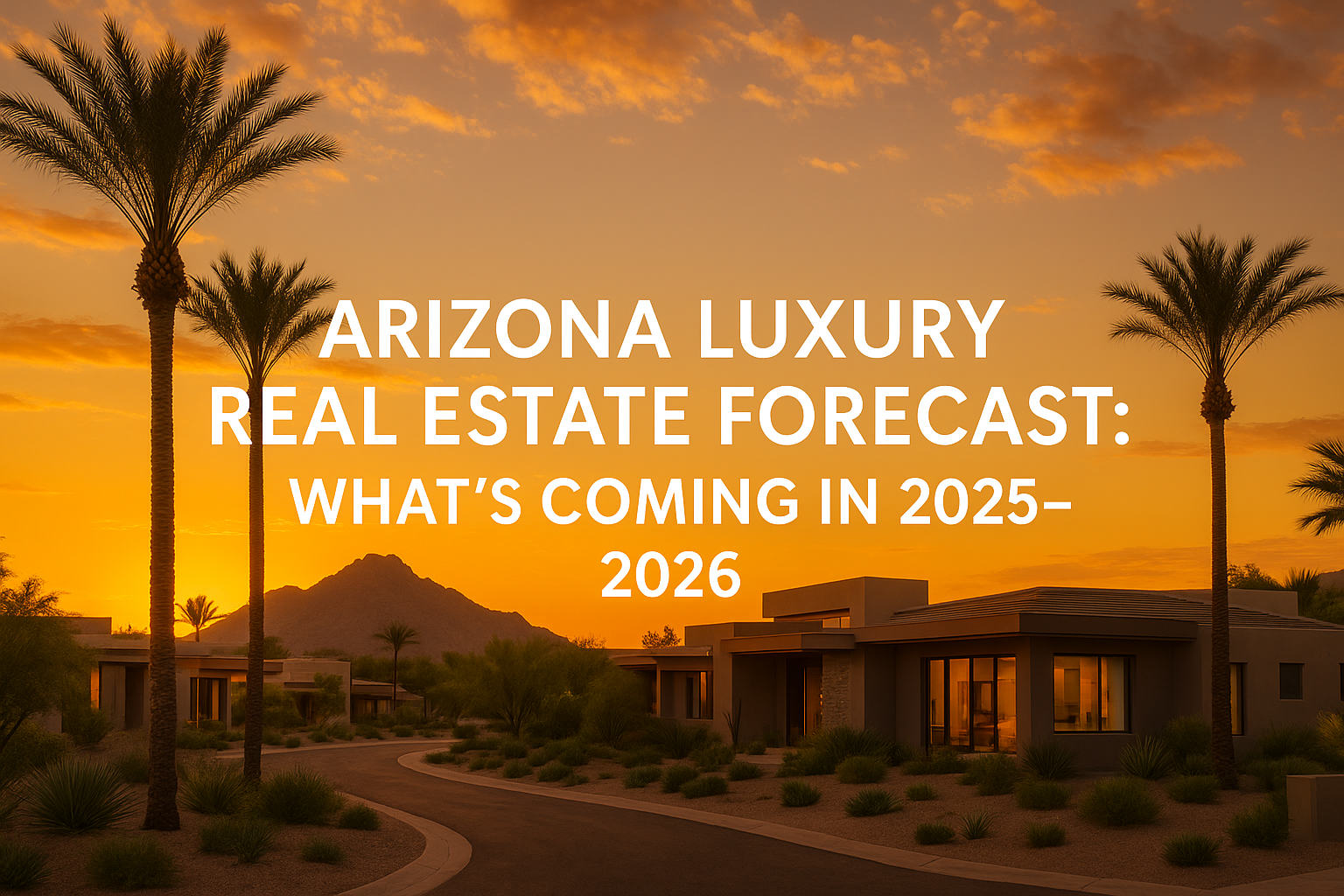 Elegant desert neighborhood at sunset featuring modern luxury homes, palm trees, and a golden sky with Camelback Mountain in the background, overlaid with the text “Arizona Luxury Real Estate Forecast: What’s Coming in 2025–2026.”