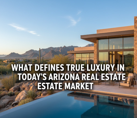Modern Arizona luxury home with desert landscaping and mountain views, overlaid with the text: “WHAT DEFINES TRUE LUXURY IN TODAY’S ARIZONA REAL ESTATE MARKET”