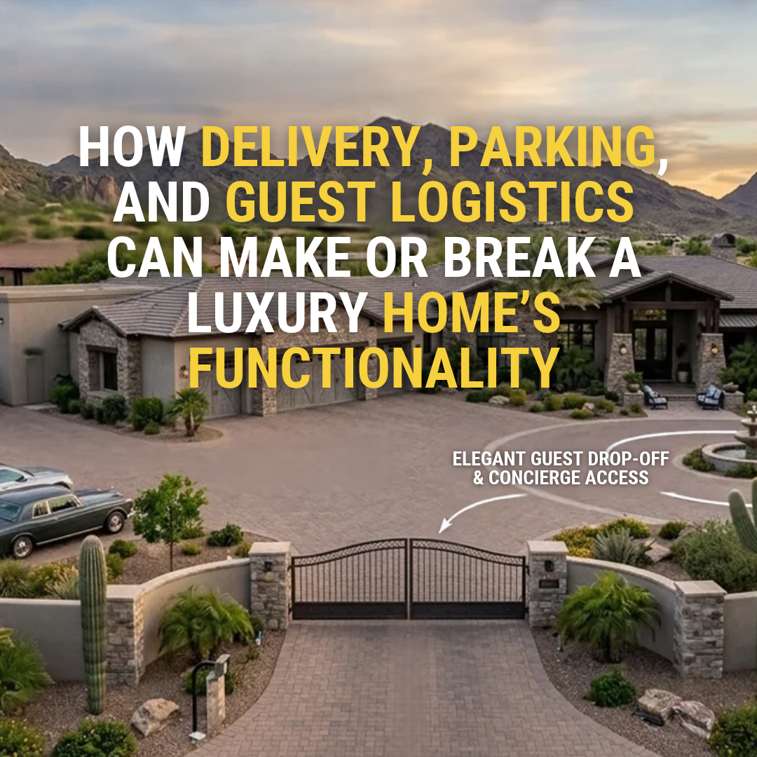 Arizona luxury estate with spacious driveway, multiple-car garage, gated entrance, landscaped grounds, and elegant guest access illustrating the importance of parking and everyday home functionality overlaid with text: How Delivery, Parking, and Guest Logistics Can Make or Break a Luxury Home’s Functionality 