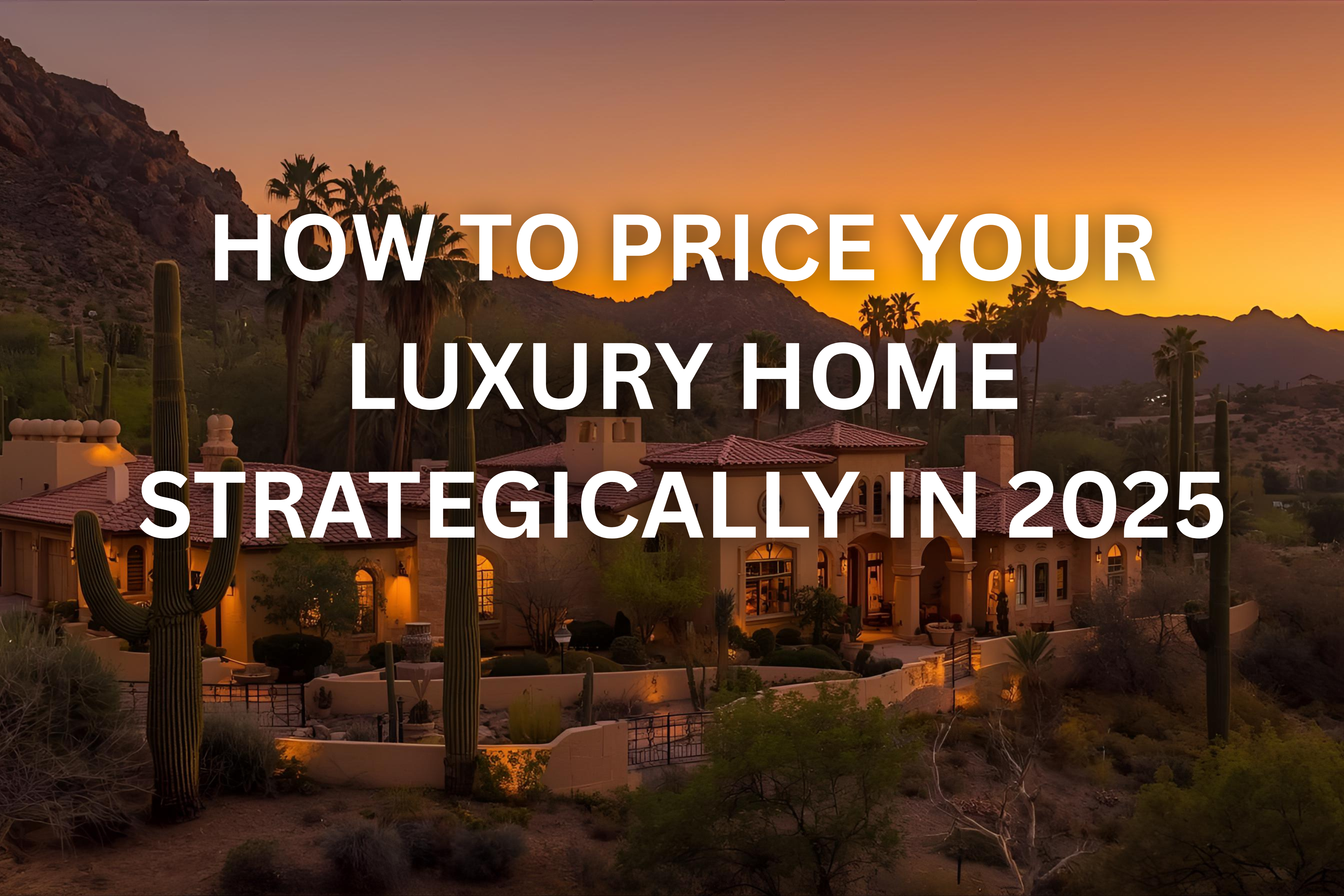 A photograph of a luxurious, modern, single-story home with a large glass facade, infinity pool, and outdoor patio furniture, set in the Arizona desert landscape at sunset. The image features tall saguaro cacti, palm trees, and rugged mountains in the background, all bathed in warm orange sky.