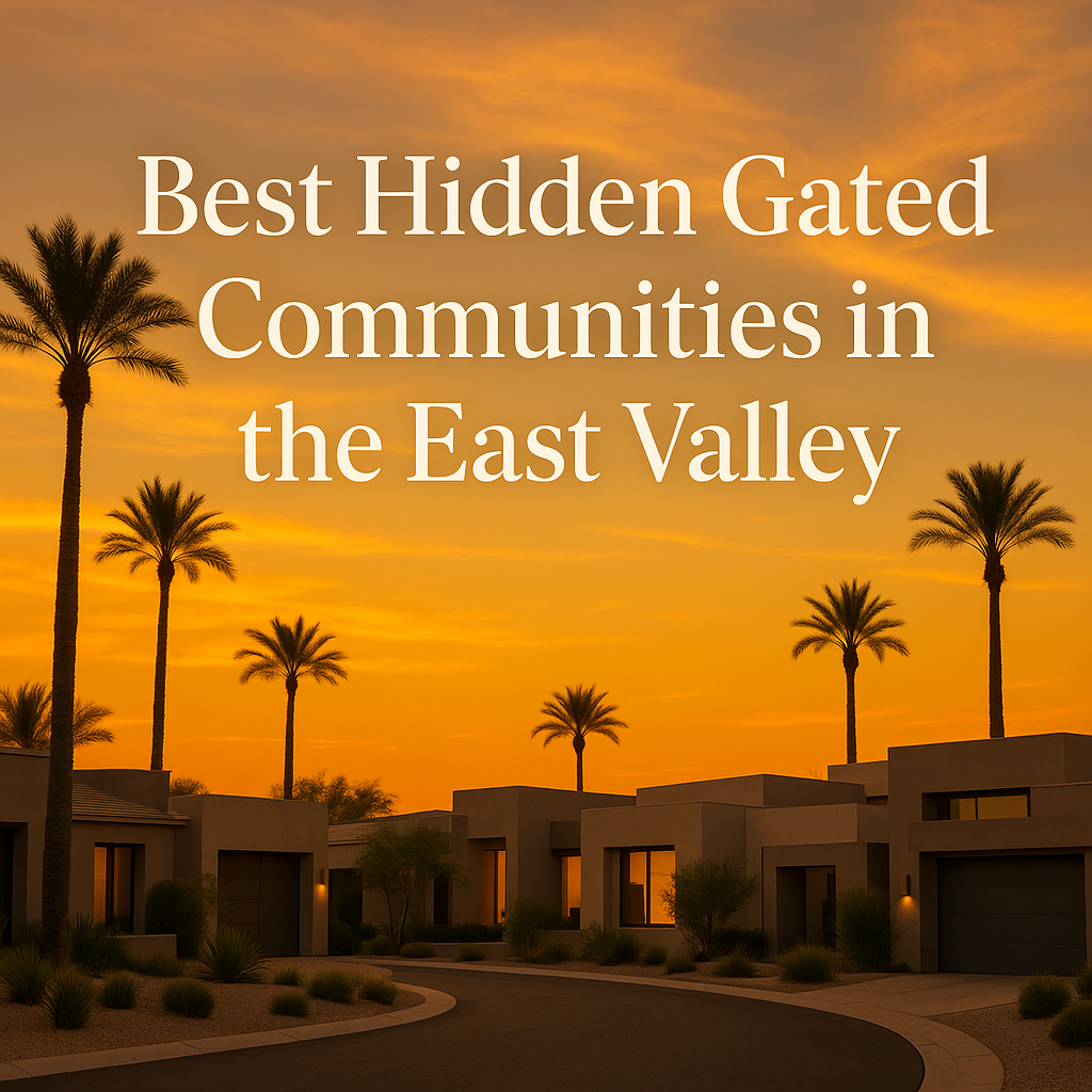 Elegant desert neighborhood at sunset featuring modern luxury homes, palm trees, and a warm golden sky, overlaid with the text:Best Hidden Gated Communities in the East Valley