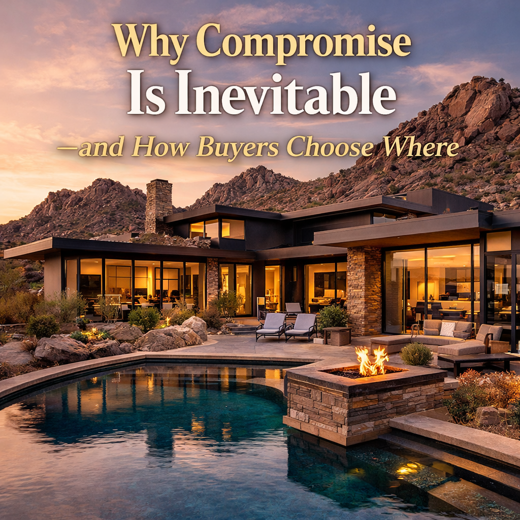 Arizona luxury home with strong design but trade-offs in layout or location overlaid with text: Why Compromise Is Inevitable—and How Buyers Choose Where