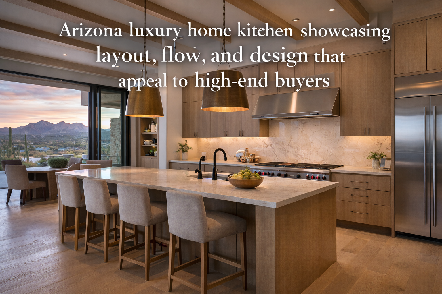Arizona luxury home kitchen showcasing layout, flow, and design that appeal to high-end buyers with overlaid text: Arizona luxury home kitchen showcasing layout, flow, and design that appeal to high-end buyers