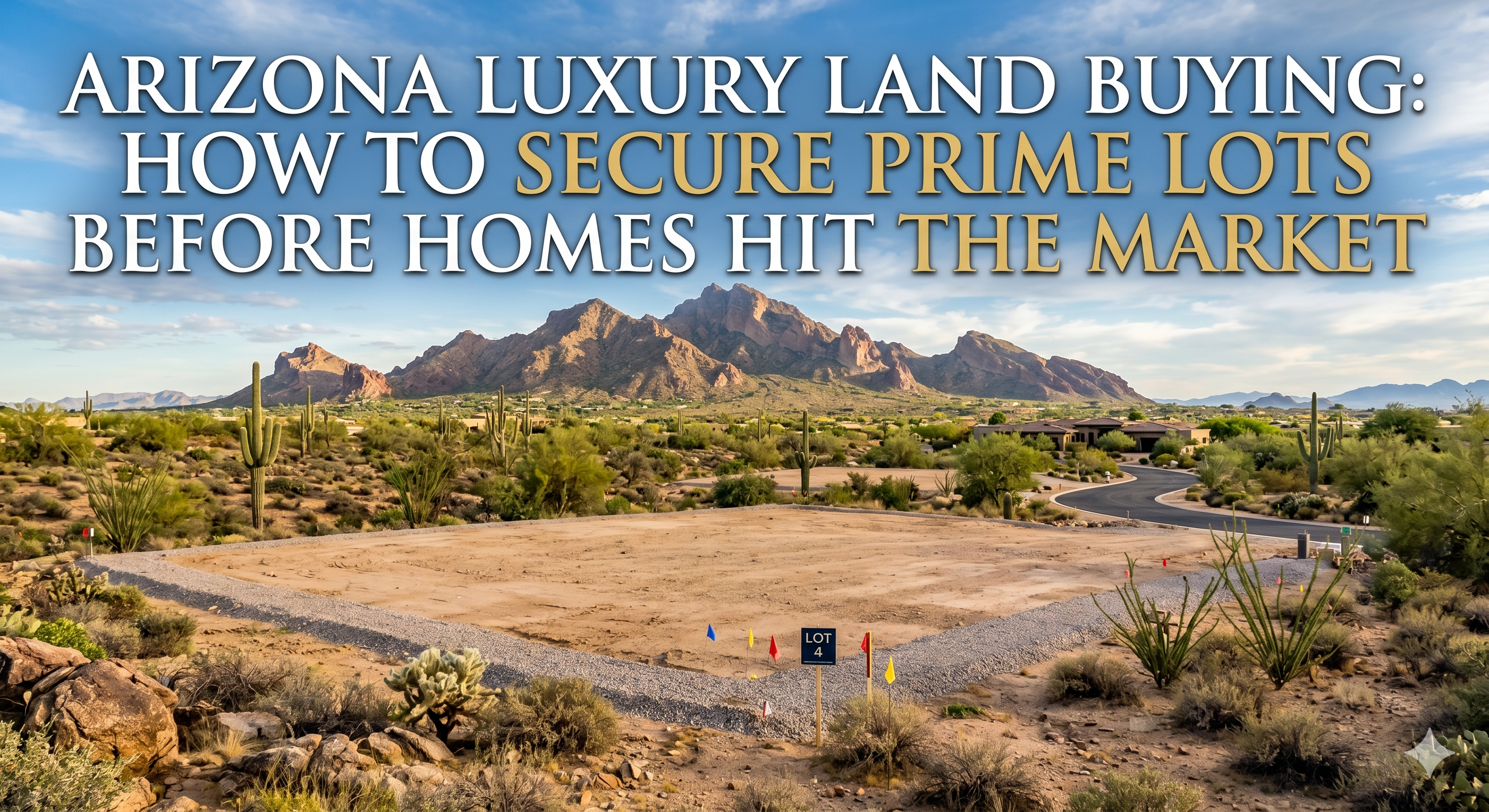 Expansive Paradise Valley desert lot with mountain views and open landscape, representing prime luxury land ready for custom home development, overlaid with the text : “Arizona Luxury Land Buying: How to Secure Prime Lots Before Homes Hit the Market”