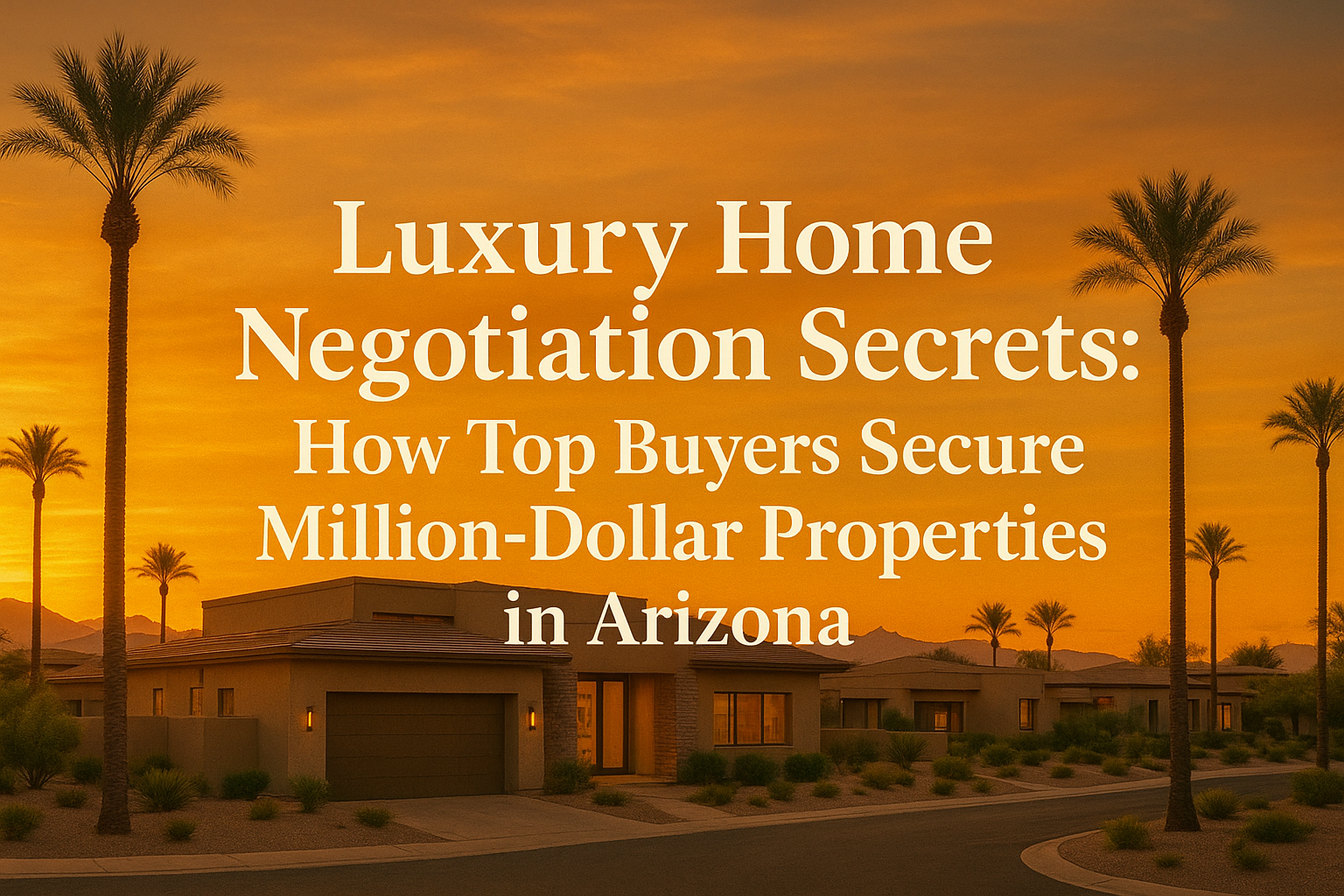 Elegant desert neighborhood at sunset featuring modern luxury homes, palm trees, and a warm golden sky, overlaid with the text: Luxury Home Negotiation Secrets: How Top Buyers Secure Million-Dollar Properties in Arizona