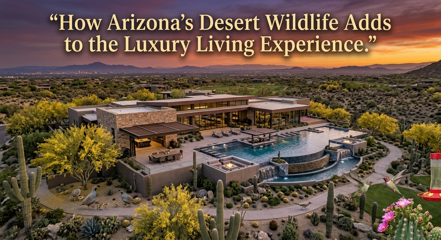 Elegant Arizona luxury home overlooking a Sonoran Desert preserve, featuring native cacti, palo verde trees, mountain views, and birds including quail and hummingbirds, illustrating how desert wildlife enhances the luxury living experience, overlaid with the text: “How Arizona's Desert Wildlife Adds to the Luxury Living Experience.” 