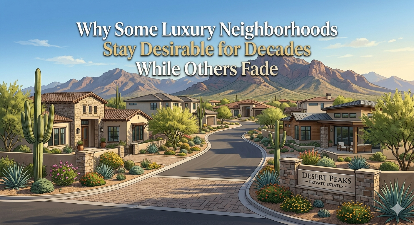  Prestigious Arizona luxury neighborhood featuring custom estates, mature desert landscaping, mountain views, private streets, and timeless architecture, symbolizing long-term desirability and enduring luxury home value, overlaid with the text: “Why Some Luxury Neighborhoods Stay Desirable for Decades While Others Fade” 