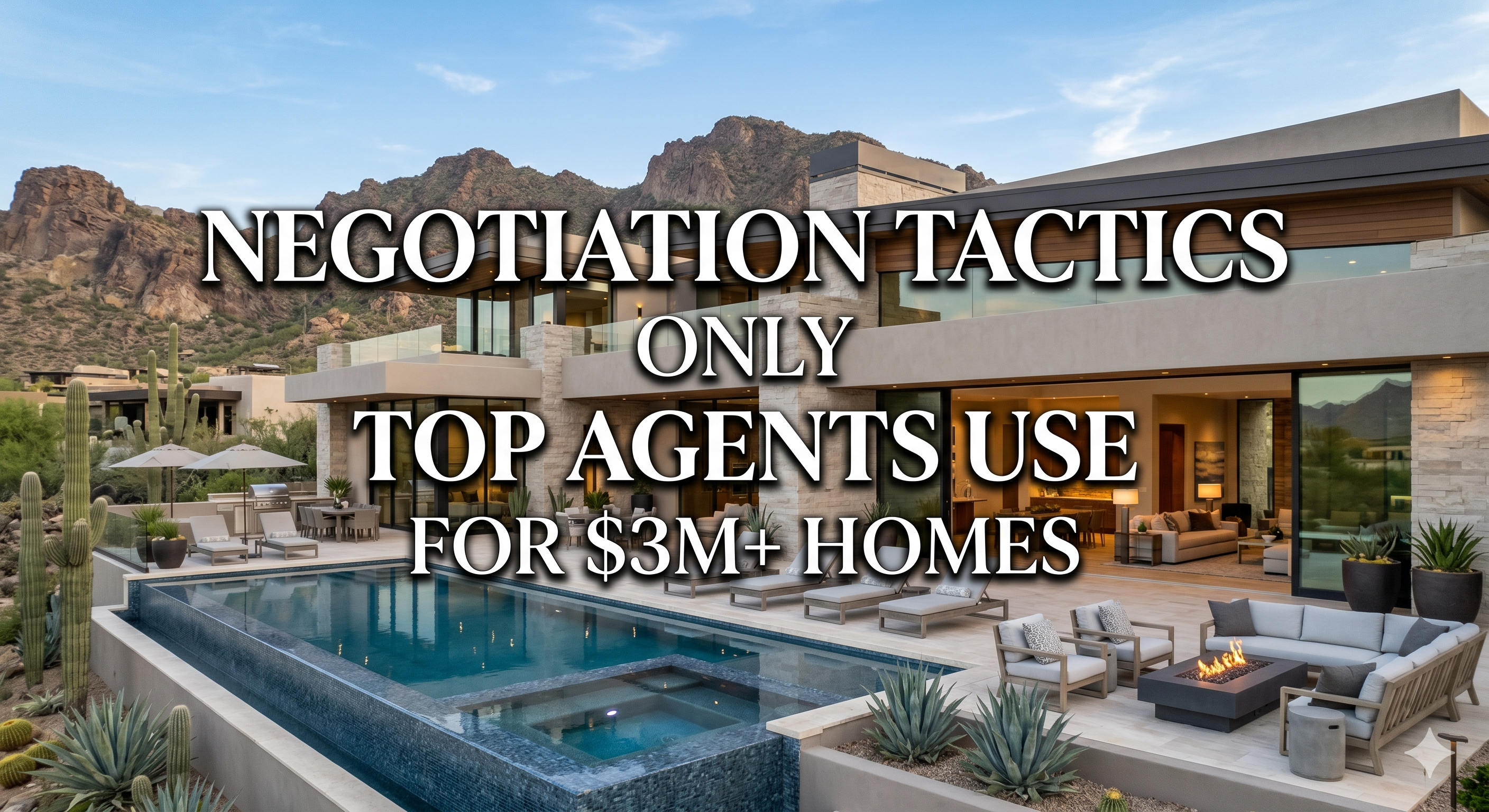 Ultra-luxury Scottsdale desert home with panoramic mountain views, expansive glass walls, and a private resort-style backyard, overlaid with the text: “Negotiation Tactics Only Top Agents Use for $3M+ Homes”