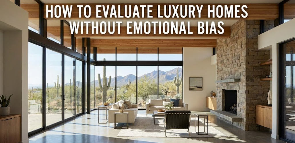Modern Arizona luxury home interior with clean lines and natural light, overlaid with the text: “HOW TO EVALUATE LUXURY HOMES WITHOUT EMOTIONAL BIAS”