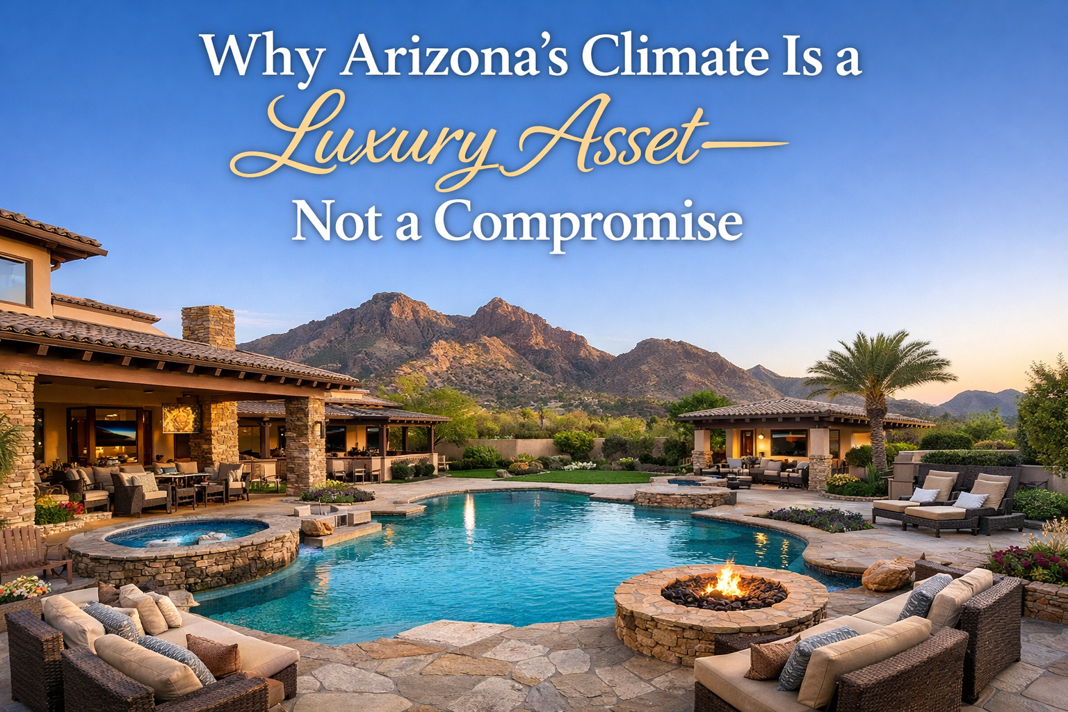 Luxury Arizona estate with expansive outdoor living spaces, pool, and mountain views under clear skies Overlaid with text: Why Arizona’s Climate Is a Luxury Asset—Not a Compromise