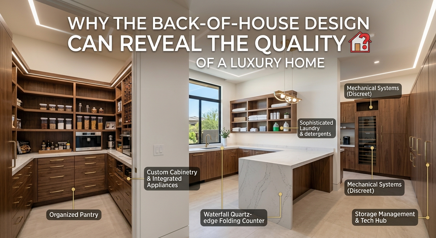 High-end Arizona luxury home service area with organized pantry, custom cabinetry, laundry room, storage, and sophisticated back-of-house design overlaid with text: Why the Back-of-House Design Can Reveal the Quality of a Luxury Home