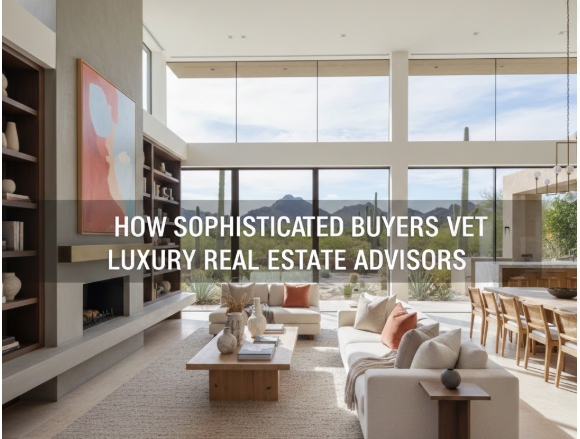 Elegant Arizona luxury home interior with refined finishes and natural light, overlaid with the text: “HOW SOPHISTICATED BUYERS VET LUXURY REAL ESTATE ADVISORS”