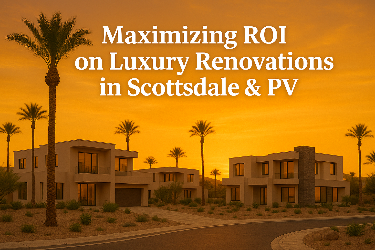 Elegant desert neighborhood at sunset featuring modern luxury homes, palm trees, and a warm golden sky, overlaid with the text: Maximizing ROI on Luxury Renovations in Scottsdale & PV
