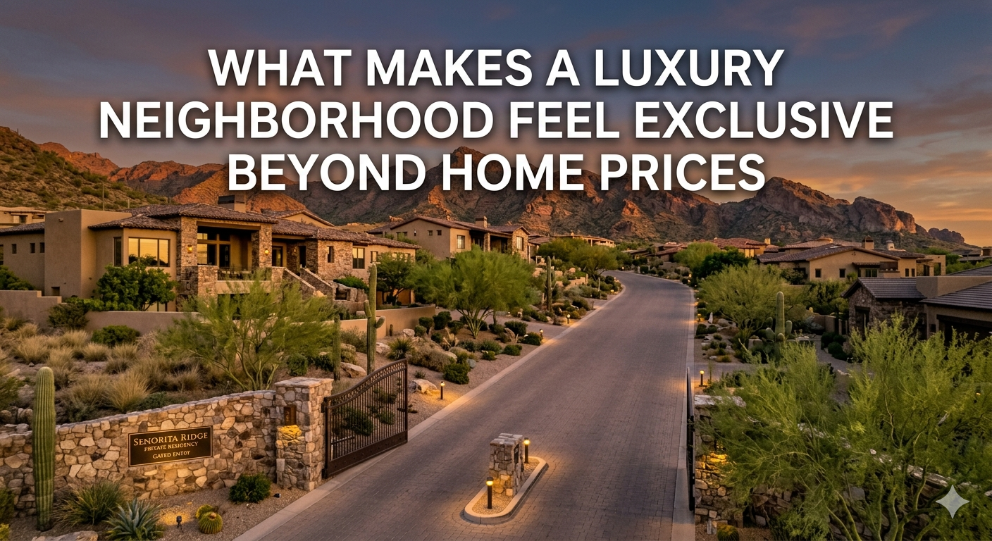 Exclusive Arizona luxury neighborhood featuring large custom estates, desert landscaping, mountain views, gated entry, and wide private streets at sunset, overlaid with the text: “What Makes a Luxury Neighborhood Feel Exclusive Beyond Home Prices”