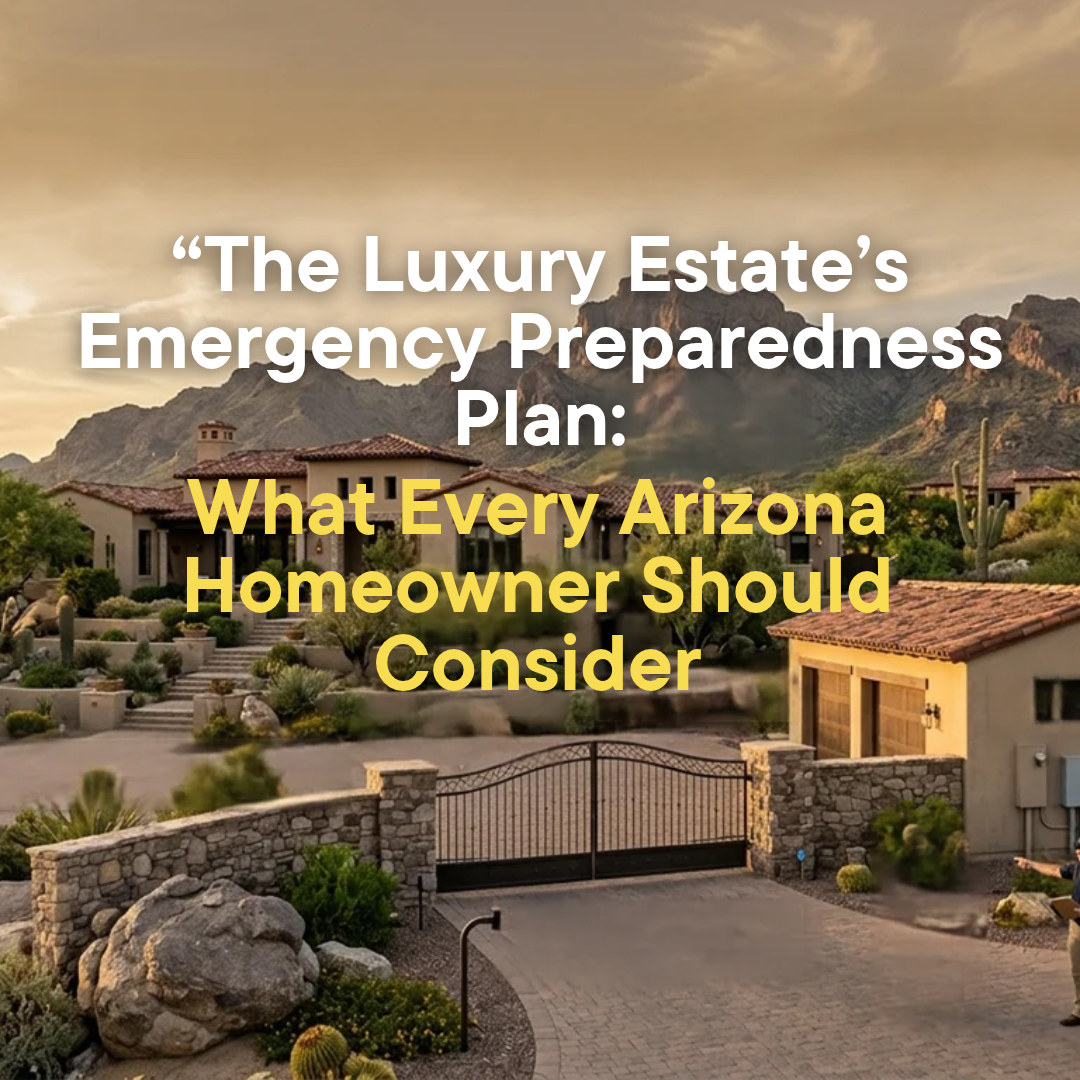Arizona luxury estate with a landscaped desert property, backup power equipment, secure driveway access, and mountain views, illustrating emergency preparedness considerations for luxury homeowners overlaid with text: The Luxury Estate’s Emergency Preparedness Plan: What Every Arizona Homeowner Should Consider 